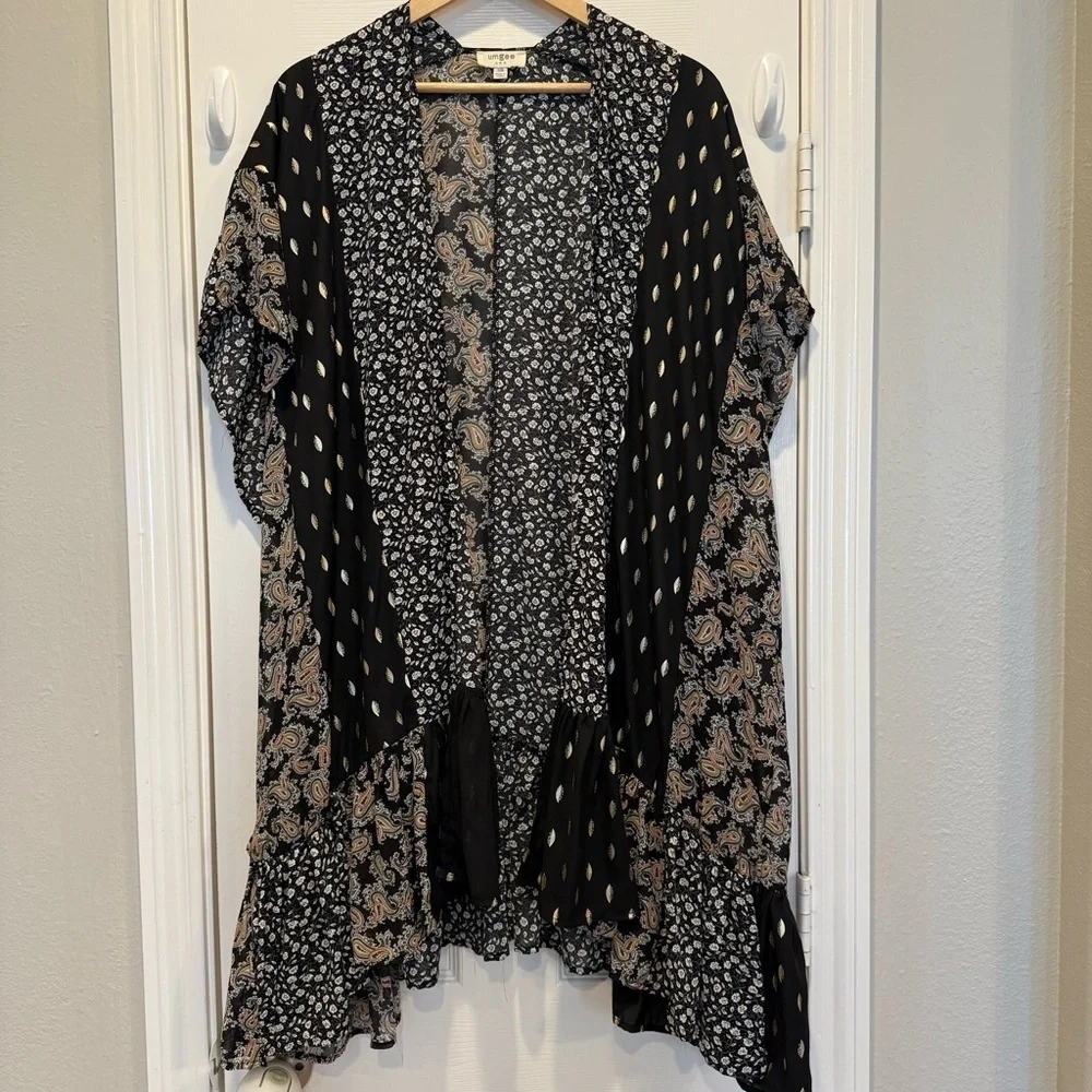 Umgee Kimono Duster Women’s S/M Black Gold Multi Media Ruffle Western Bohemian - Picture 2 of 10